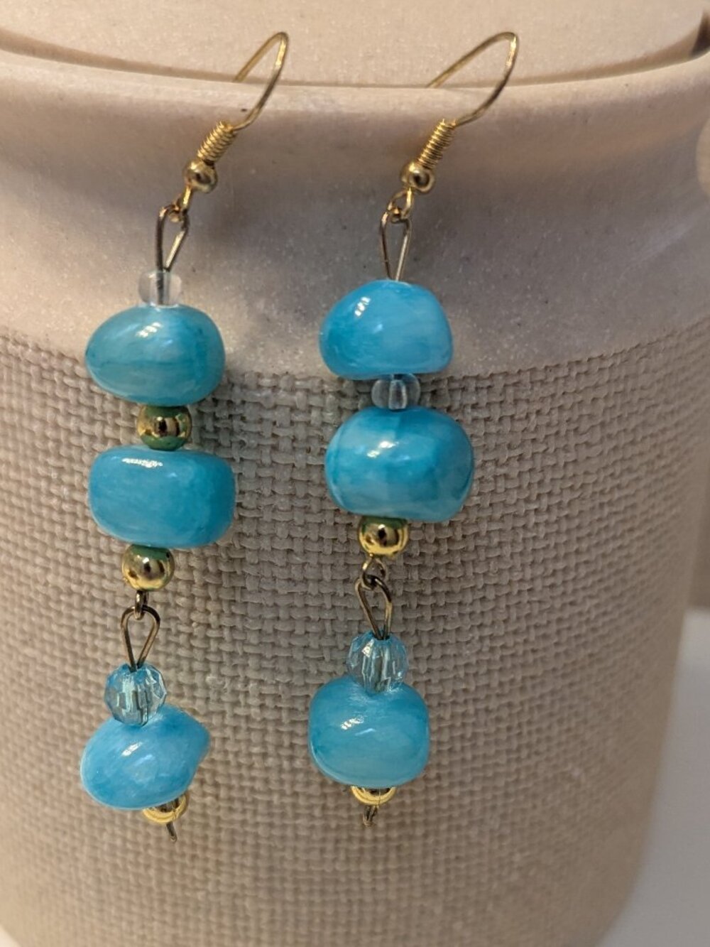 Handmade Turquoise Blue Beaded Dangle Earrings Fish Hook Boho Artisan